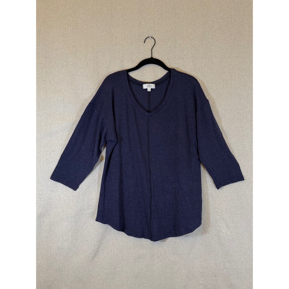 Shannon Ford New York Navy Blue V-Neck 3/4 Sleeve Knit Top Relaxed Fit Large